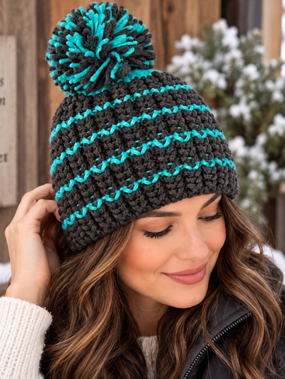 Seirus Innovation Warm Dry Comfort Knit Pom Beanie – Charcoal & Teal – NWT